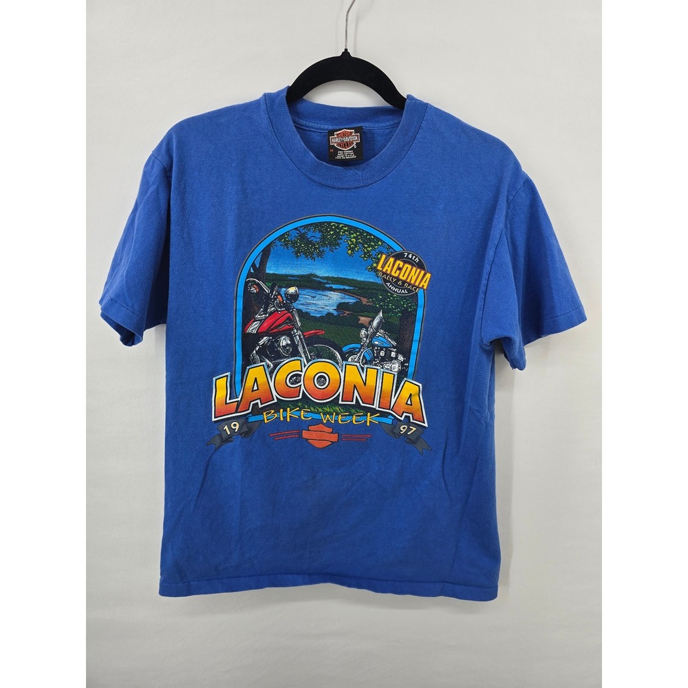 Vintage 1997 Harley Davidson Laconia Bike Week T-Shirt Mens Medium Blue NH Rally
